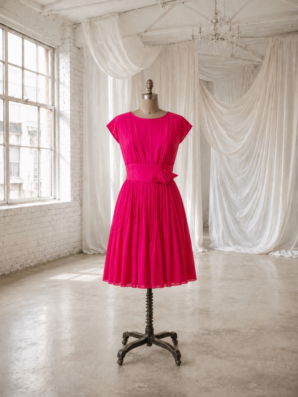 Vintage 1950s Andie Pretty in Pink Rosette Party Dress S